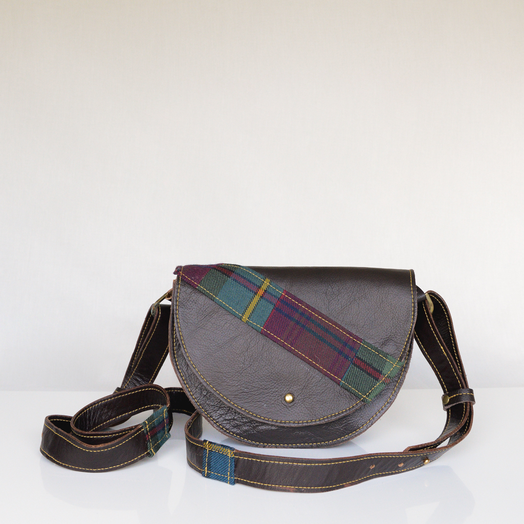 Dark brown reclaimed leather bag with tartan details